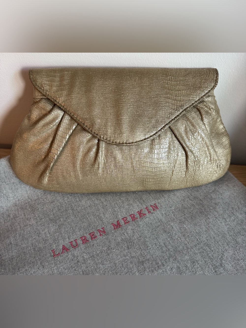 Lauren Merkin Metallic Gold Pleated Envelope Clutch